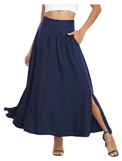 RANPHEE Women's Ankle Length High Waist A-line Flowy Long Maxi Skirt with Pockets