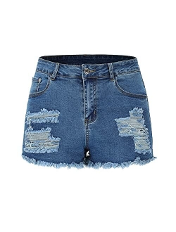 THUNDER STAR Women Mid Rise Ripped Stretchy Jeans Shorts Frayed Raw Hem Casual Denim Shorts