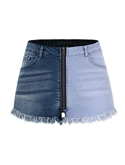 THUNDER STAR Women Mid Rise Ripped Stretchy Jeans Shorts Frayed Raw Hem Casual Denim Shorts