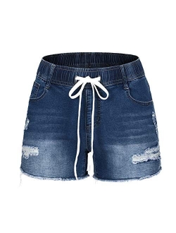 THUNDER STAR Women Mid Rise Ripped Stretchy Jeans Shorts Frayed Raw Hem Casual Denim Shorts