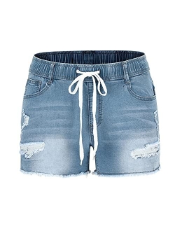 THUNDER STAR Women Mid Rise Ripped Stretchy Jeans Shorts Frayed Raw Hem Casual Denim Shorts