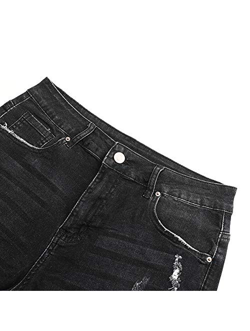 THUNDER STAR Women Mid Rise Ripped Stretchy Jeans Shorts Frayed Raw Hem Casual Denim Shorts