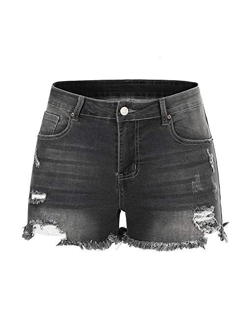 THUNDER STAR Women Mid Rise Ripped Stretchy Jeans Shorts Frayed Raw Hem Casual Denim Shorts