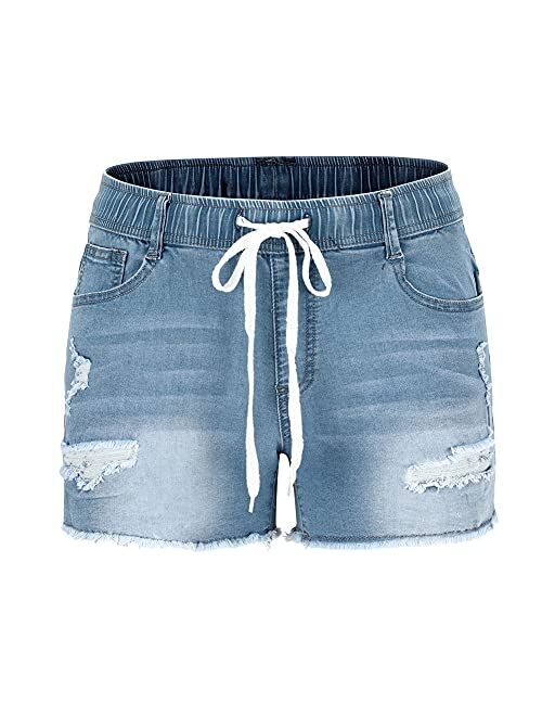 THUNDER STAR Women Mid Rise Ripped Stretchy Jeans Shorts Frayed Raw Hem Casual Denim Shorts