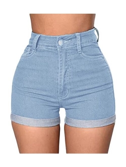 Romastory Women's High Waisted Summer Elastic Jean Shorts Folded Hem Hot Denim Shorts for Women