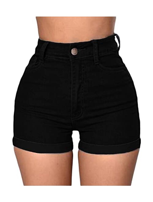 Romastory Women's High Waisted Summer Elastic Jean Shorts Folded Hem Hot Denim Shorts for Women