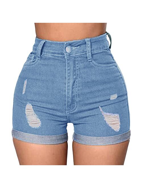 Romastory Women's High Waisted Summer Elastic Jean Shorts Folded Hem Hot Denim Shorts for Women