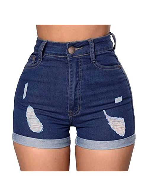 Romastory Women's High Waisted Summer Elastic Jean Shorts Folded Hem Hot Denim Shorts for Women