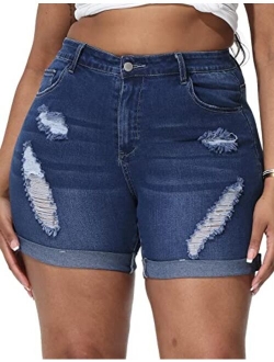 ALLEGRACE Plus Size Denim Shorts Women High Waisted Stretch Summer Jean Shorts