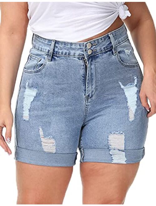 ALLEGRACE Plus Size Denim Shorts Women High Waisted Stretch Summer Jean Shorts