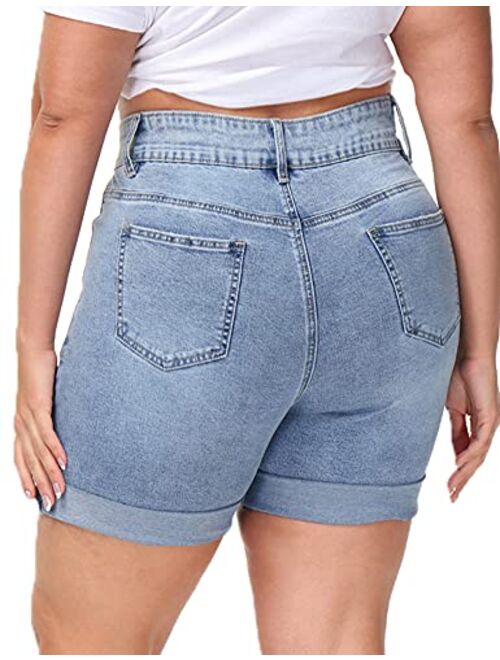 ALLEGRACE Plus Size Denim Shorts Women High Waisted Stretch Summer Jean Shorts