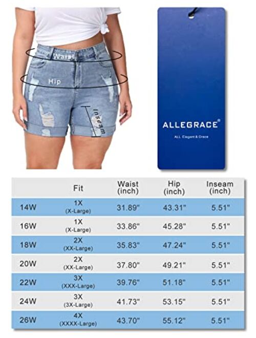 ALLEGRACE Plus Size Denim Shorts Women High Waisted Stretch Summer Jean Shorts