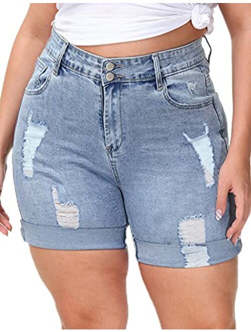 ALLEGRACE Plus Size Denim Shorts Women High Waisted Stretch Summer Jean Shorts