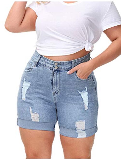 ALLEGRACE Plus Size Denim Shorts Women High Waisted Stretch Summer Jean Shorts