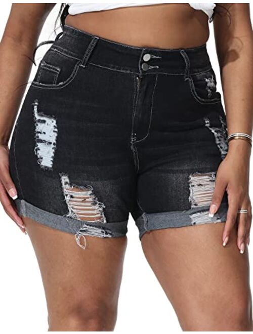 ALLEGRACE Plus Size Denim Shorts Women High Waisted Stretch Summer Jean Shorts