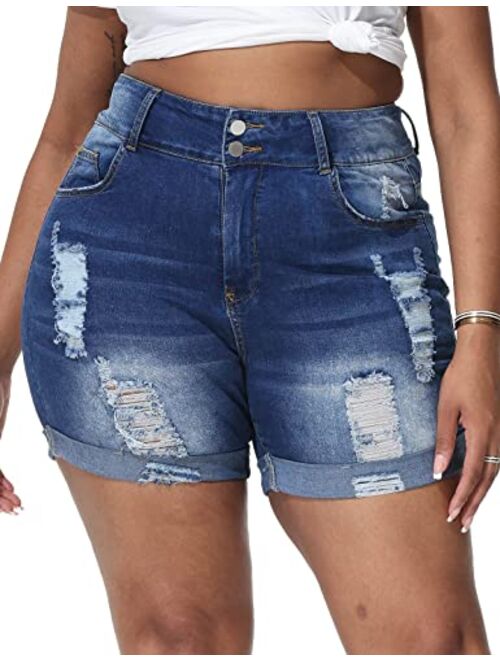 ALLEGRACE Plus Size Denim Shorts Women High Waisted Stretch Summer Jean Shorts