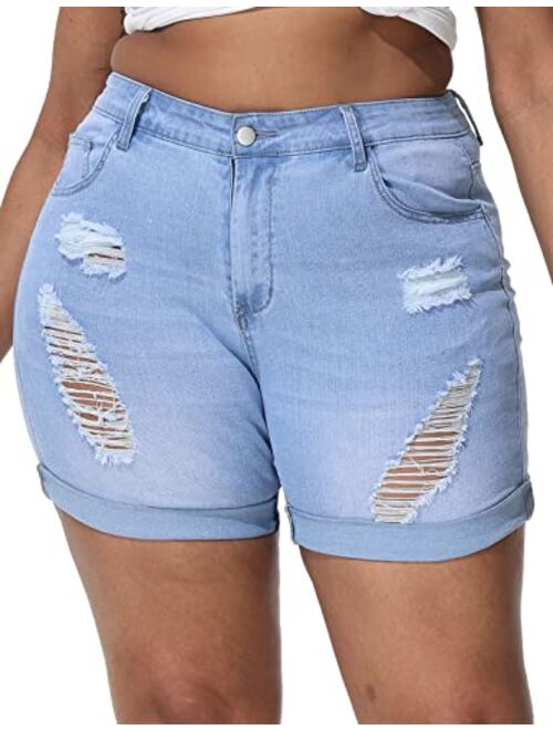 ALLEGRACE Plus Size Denim Shorts Women High Waisted Stretch Summer Jean Shorts