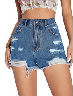 Women's Ripped Raw Hem High Waisted Distressed Denim Shorts