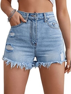 Women's Ripped Raw Hem High Waisted Distressed Denim Shorts