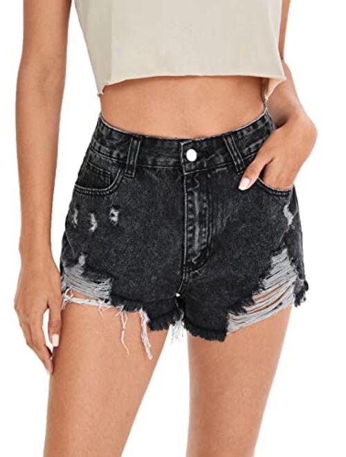 Floerns Women's Ripped Raw Hem High Waisted Distressed Denim Shorts