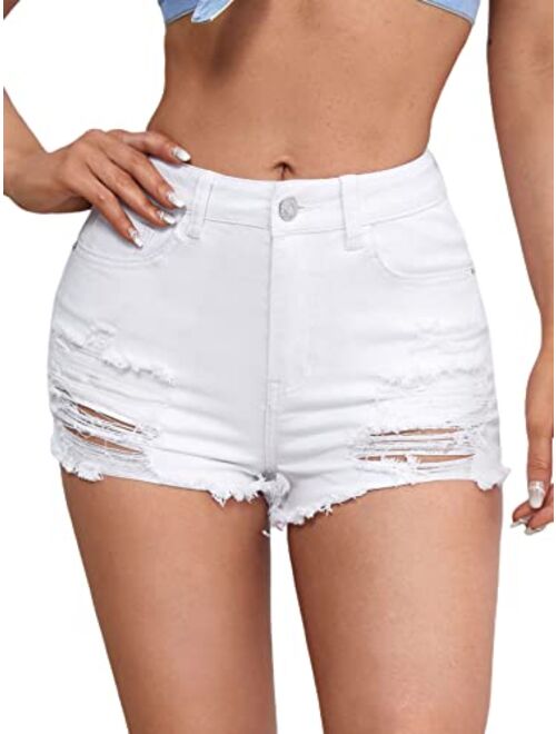 Floerns Women's Ripped Raw Hem High Waisted Distressed Denim Shorts