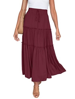 HAEOF Women's Boho Elastic High Waist A Line Ruffle Swing Beach Maxi Skirt with Pockets