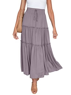 HAEOF Women's Boho Elastic High Waist A Line Ruffle Swing Beach Maxi Skirt with Pockets