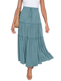 HAEOF Women's Boho Elastic High Waist A Line Ruffle Swing Beach Maxi Skirt with Pockets