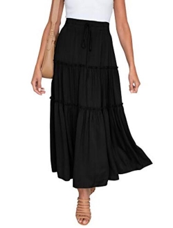 HAEOF Women's Boho Elastic High Waist A Line Ruffle Swing Beach Maxi Skirt with Pockets