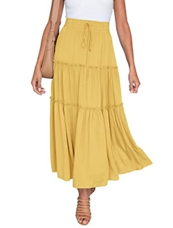 HAEOF Women's Boho Elastic High Waist A Line Ruffle Swing Beach Maxi Skirt with Pockets