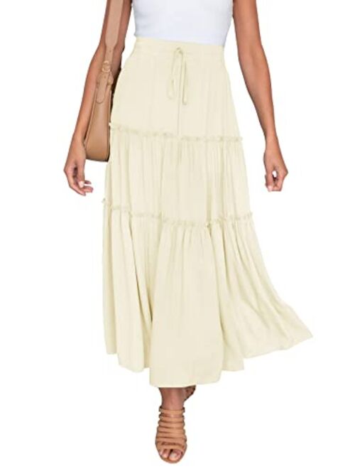 HAEOF Women's Boho Elastic High Waist A Line Ruffle Swing Beach Maxi Skirt with Pockets