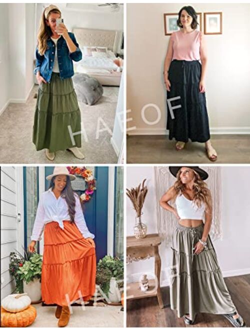 HAEOF Women's Boho Elastic High Waist A Line Ruffle Swing Beach Maxi Skirt with Pockets