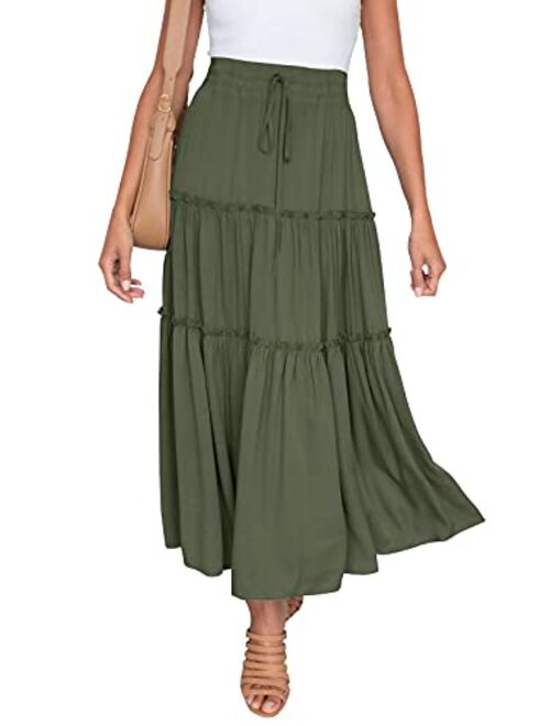 HAEOF Women's Boho Elastic High Waist A Line Ruffle Swing Beach Maxi Skirt with Pockets