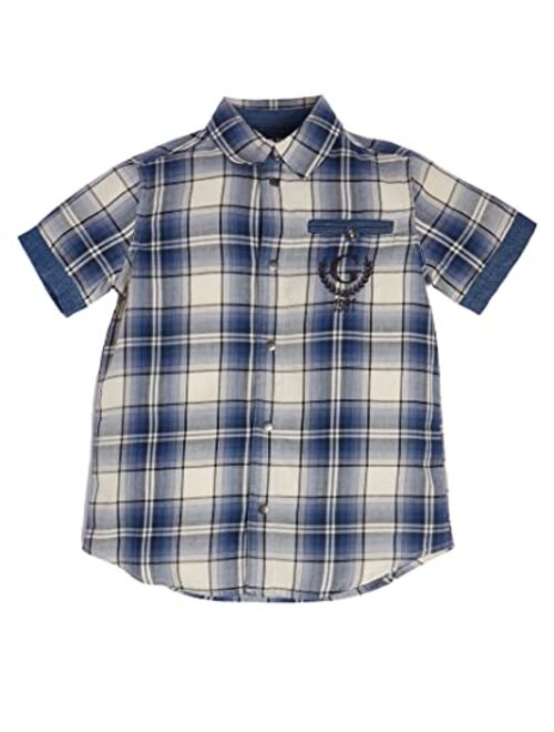 GUESS Boys' Puff Print Back Logo Poplin Snap Front Shirt