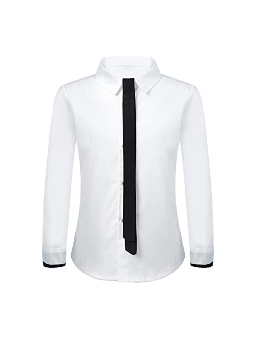 renvena Boys Long Sleeve Slim Fit Dress Shirt with Matching Tie, Lapel Collar Button Down