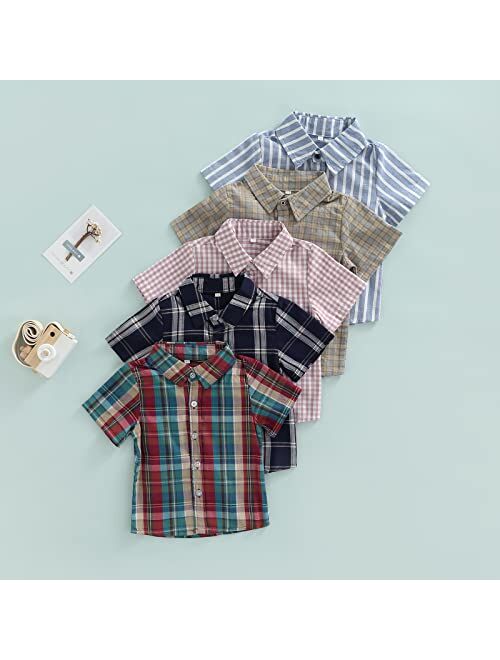 Huppeiiy Little Boys Cute Short Sleeve Plaid T-Shirt Top Summer Button Down Shirt