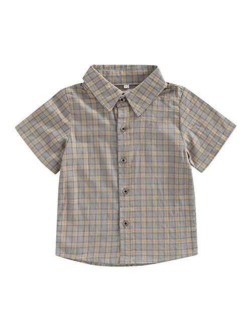 Huppeiiy Little Boys Cute Short Sleeve Plaid T-Shirt Top Summer Button Down Shirt