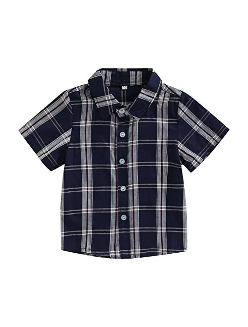 Huppeiiy Little Boys Cute Short Sleeve Plaid T-Shirt Top Summer Button Down Shirt