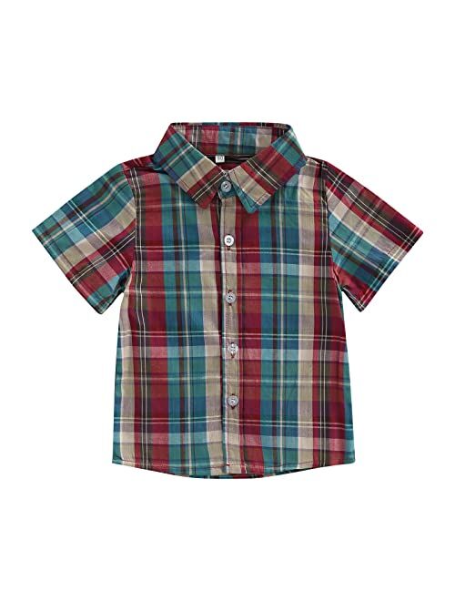 Huppeiiy Little Boys Cute Short Sleeve Plaid T-Shirt Top Summer Button Down Shirt