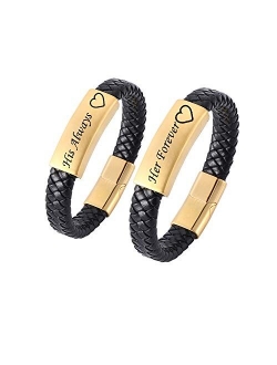 Mzzj Jewelry MZZJ Personalized His and Hers Couple Relationship Matching Bracelets Set Handmade Braided Genuine Leather Bracelet Brushed 18K Gold Plated Stainless Steel I