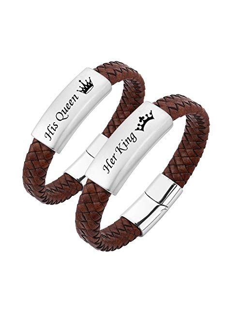 Mzzj Jewelry MZZJ Personalized His and Hers Couple Relationship Matching Bracelets Set Handmade Braided Genuine Leather Bracelet Brushed 18K Gold Plated Stainless Steel I