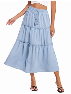 Women's Midi Skirt Elastic Waist Floral Ruffle Swing Tiered Polka Dot Long Skirt Maxi Peasant Skirts with Pockets