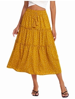 Women's Midi Skirt Elastic Waist Floral Ruffle Swing Tiered Polka Dot Long Skirt Maxi Peasant Skirts with Pockets