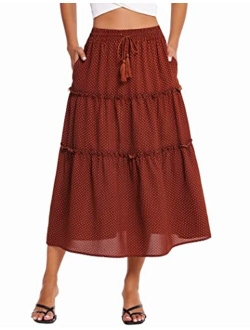 Women's Midi Skirt Elastic Waist Floral Ruffle Swing Tiered Polka Dot Long Skirt Maxi Peasant Skirts with Pockets