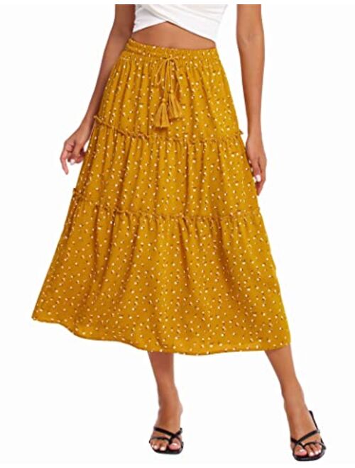 Hotouch Women's Midi Skirt Elastic Waist Floral Ruffle Swing Tiered Polka Dot Long Skirt Maxi Peasant Skirts with Pockets