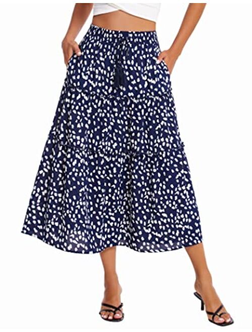 Hotouch Women's Midi Skirt Elastic Waist Floral Ruffle Swing Tiered Polka Dot Long Skirt Maxi Peasant Skirts with Pockets