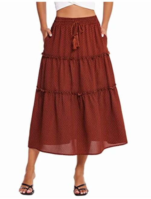 Hotouch Women's Midi Skirt Elastic Waist Floral Ruffle Swing Tiered Polka Dot Long Skirt Maxi Peasant Skirts with Pockets