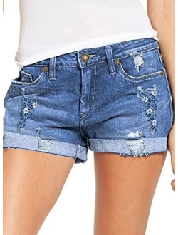 luvamia Women's Ripped Denim Jean Shorts High Waisted Stretchy Folded Hem Short Jeans