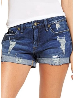 luvamia Women's Ripped Denim Jean Shorts High Waisted Stretchy Folded Hem Short Jeans