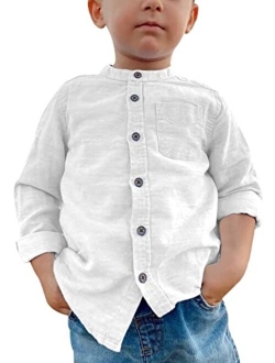 Runcati Toddler Kids Boys Button Down Shirt Long Sleeve White Linen Cotton Dress Shirt Round Neck Soft Tops